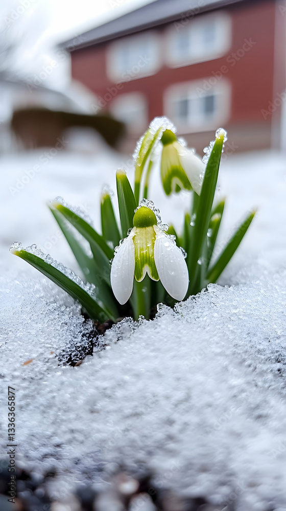 custom made wallpaper toronto digitalDelicate snowdrops emerge from melting snow, near a house