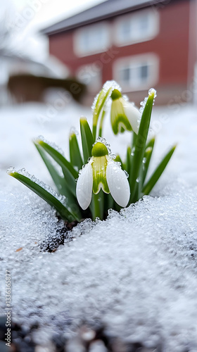 Wallpaper Mural Delicate snowdrops emerge from melting snow, near a house Torontodigital.ca
