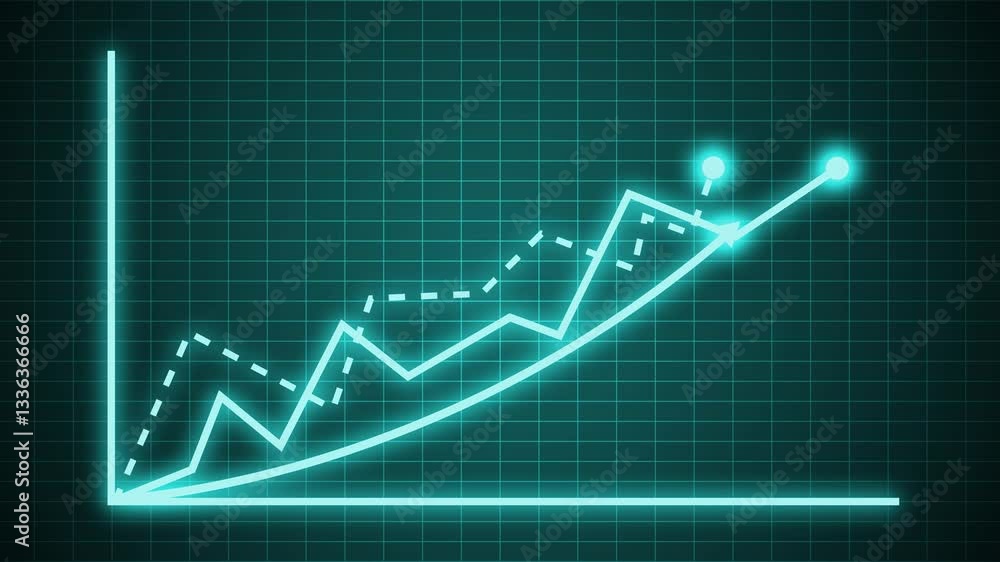Glowing Business Graph with Trends Animation on Grid Background, A glowing graph with upward and downward trends on a grid background Glowing Business Graph with Trends Animation on Grid Background, A glowing graph with upward and downward trends on a grid background
