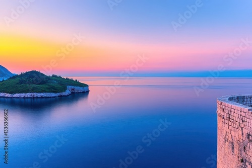 A view of Elafiti islands in the Adriatic sea next to Dubrovnik at sunset