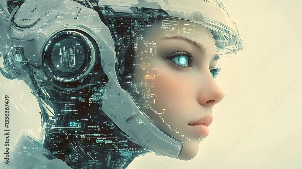 A high-tech cybernetic woman with neon-lit circuits and a digital interface, representing the fusion of humanity and AI in a graphic novel style. A high-tech cybernetic woman with neon-lit circuits and a digital interface, representing the fusion of humanity and AI in a graphic novel style.
