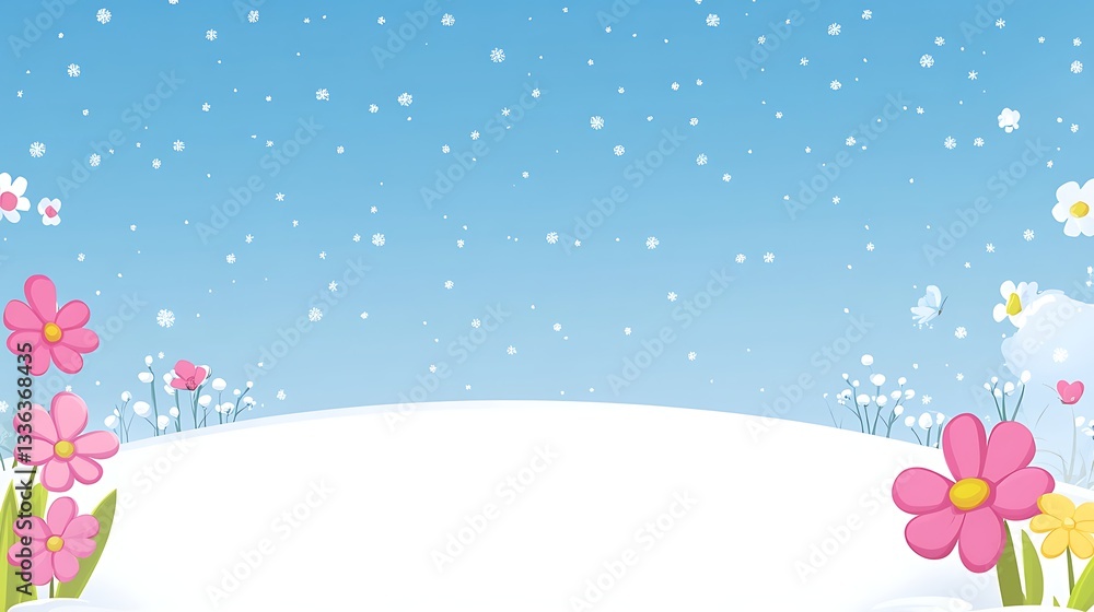 Snow Scene with Flowers Whimsical winter landscape backdrop for kids illustration Snow Scene with Flowers Whimsical winter landscape backdrop for kids illustration