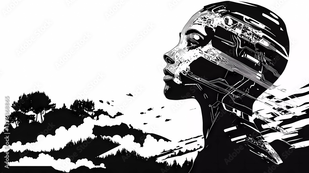 Obraz premium A sci-fi inspired cybernetic woman with biomechanical enhancements and a robotic exoskeleton, symbolizing human-machine evolution in a futuristic book illustration style.