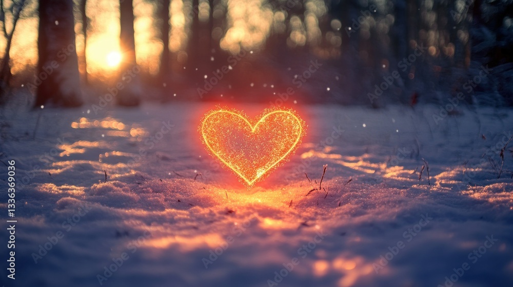 Fototapeta premium An illuminated heart glows brightly in a snowy winter landscape