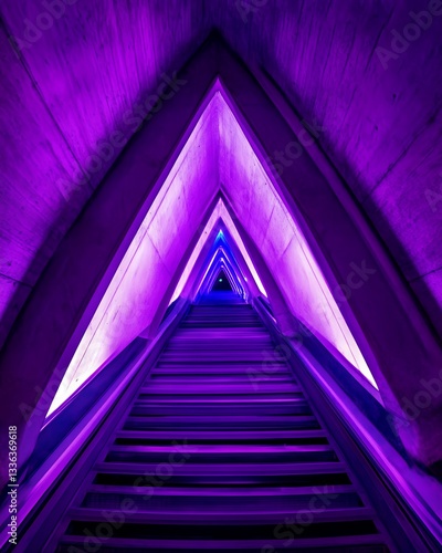 Purple illuminated triangular tunnel with steps leading into the distance view point