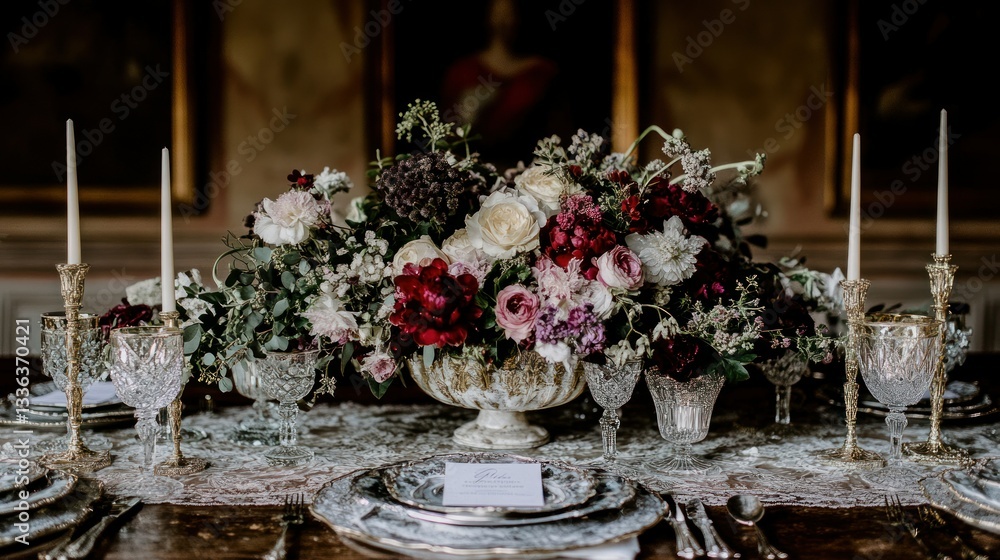 Elegant table setting with floral arrangement and candle holders Elegant table setting with floral arrangement and candle holders