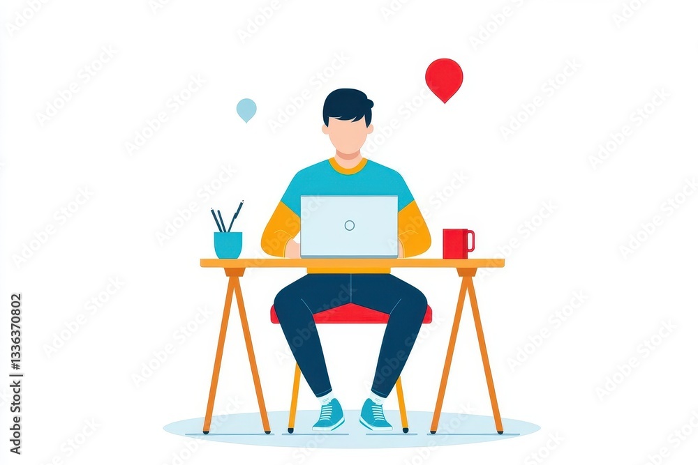 Fototapeta premium A young freelancer boy with Working a laptop at a personal home desk