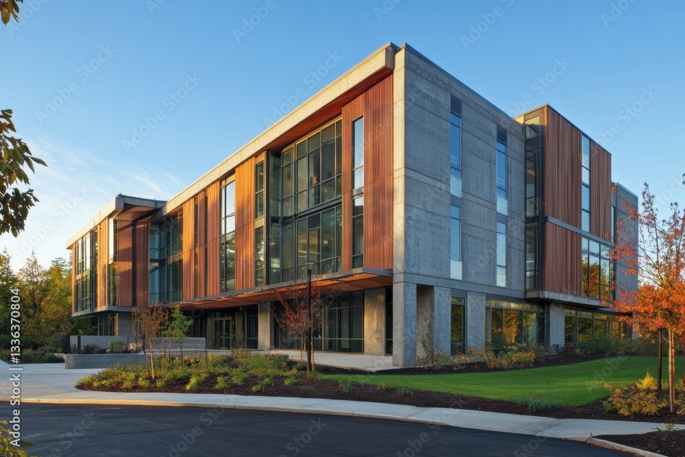 Fototapeta premium Modern Eco Building with Concrete and Wood Facade