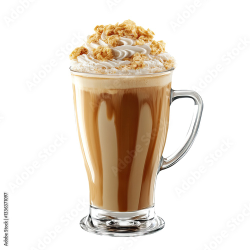 Caramel Latte in Glass Mug, Isolated Background, Whipped Cream Topping
