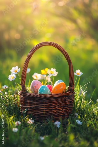 Basket with Easter eggs on a meadow. Selective focus.