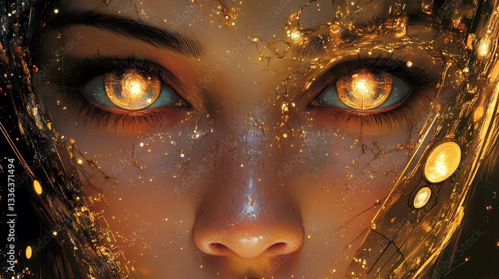 A cybernetic female with biomechanical implants and digital enhancements, representing advanced robotics and transhumanism in a futuristic comic book illustration style. A cybernetic female with biomechanical implants and digital enhancements, representing advanced robotics and transhumanism in a futuristic comic book illustration style.