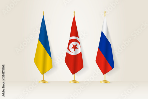 Diplomatic Meeting Representation, Ukraine, Tunisia and Russia Flags. Flags on Diplomatic Stands.