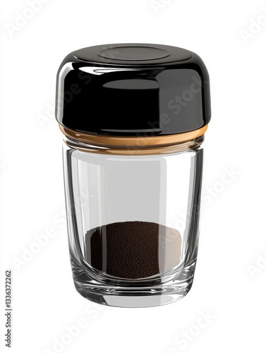 Glass jar with black lid filled with dark powder, ideal for kitchen storage or ingredient display