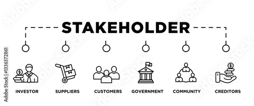  STAKEHOLDER banner web icon vector illustration concept with icon of investor, suppliers, customers, government, community, creditors, 