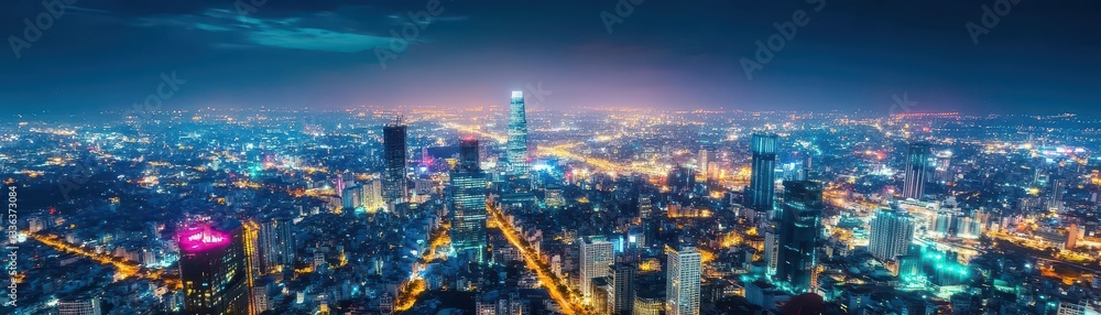 Fototapeta premium Aerial Timelapse of Ho Chi Minh City Skyline at Night, Vietnam