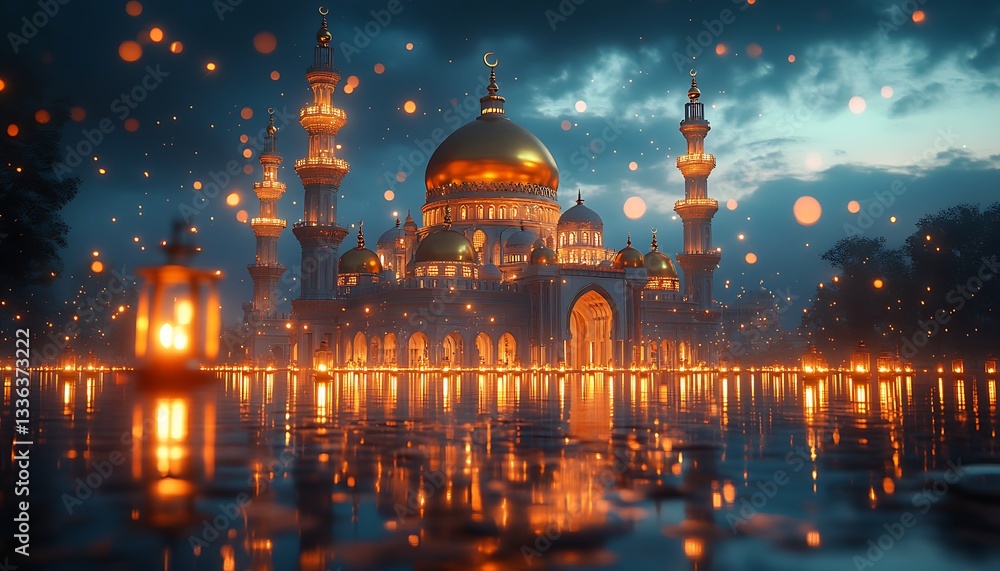Fototapeta premium Majestic Golden Mosque Night Reflection Peaceful Scene Tranquil Spiritual Islamic Architecture 