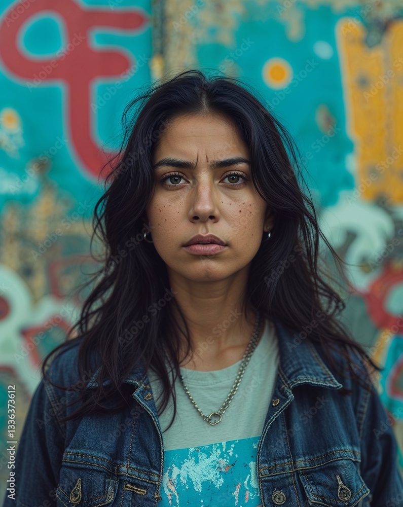 Fototapeta premium latin Hispanic middle age girl serious on casual street clothing bright morning background model portrait pose close up