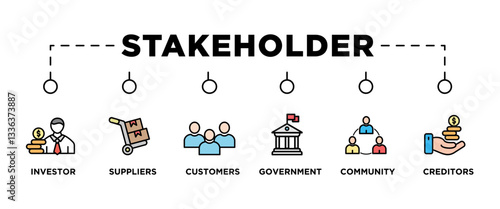  STAKEHOLDER banner web icon vector illustration concept with icon of investor, suppliers, customers, government, community, creditors, 