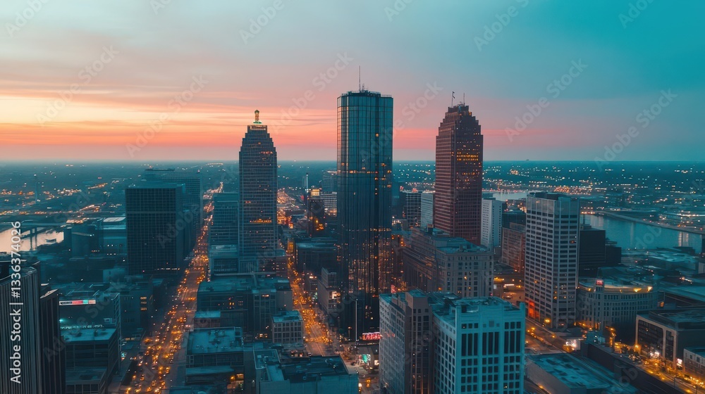 Obraz premium Aerial view of downtown Detroit at twilight