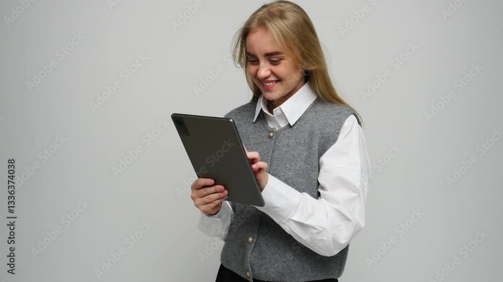 Professional woman holding a tablet and smiling in a business attire against a plain background Professional woman holding a tablet and smiling in a business attire against a plain background