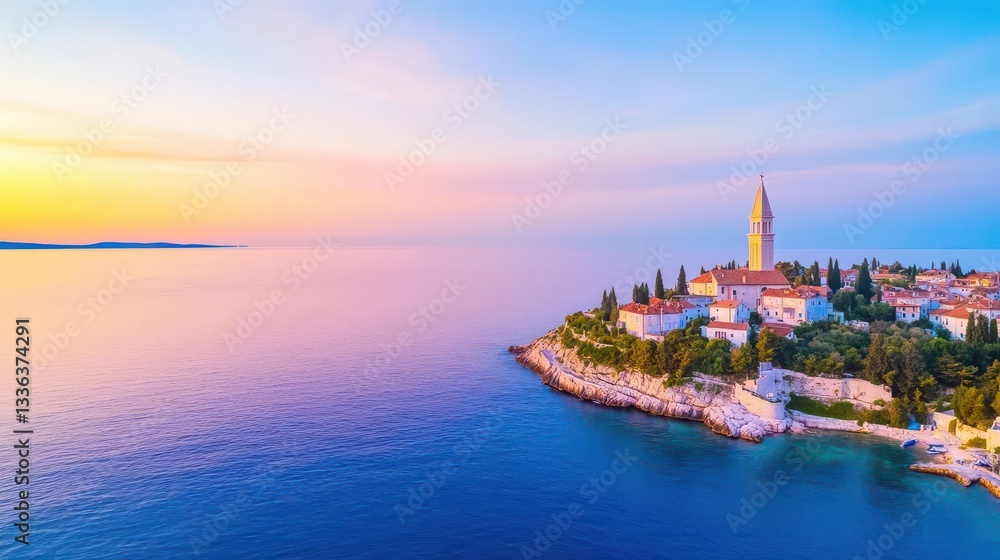Naklejka premium Aerial view of Istrian Town Rovinj, Croatia just after the sunset Church of St Euphemia in the backhround