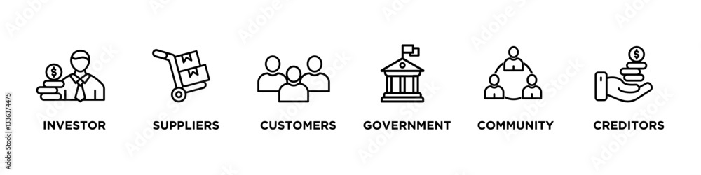 STAKEHOLDER banner web icon vector illustration concept with icon of investor, suppliers, customers, government, community, creditors, STAKEHOLDER banner web icon vector illustration concept with icon of investor, suppliers, customers, government, community, creditors,
