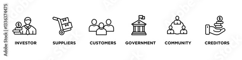  STAKEHOLDER banner web icon vector illustration concept with icon of investor, suppliers, customers, government, community, creditors, 