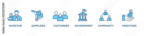  STAKEHOLDER banner web icon vector illustration concept with icon of investor, suppliers, customers, government, community, creditors, 