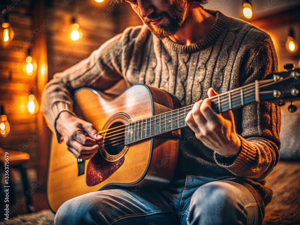 Fototapeta premium Close-up of Musician's Hands Playing Acoustic Guitar in Cozy Indoor Setting