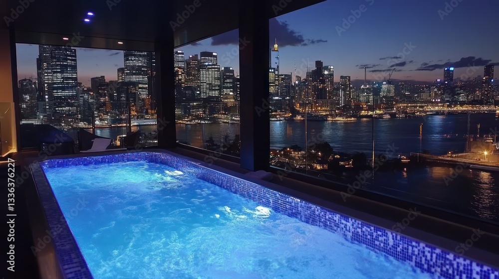 Obraz premium A rooftop hot tub overlooks a city skyline at nightfall