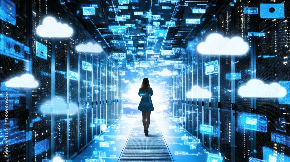 Woman walks through a digital corridor with glowing cloud icons Woman walks through a digital corridor with glowing cloud icons
