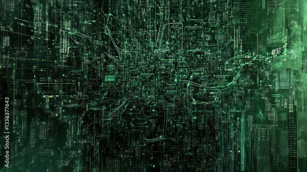 Green illuminated abstract representation of a complex technological circuit Green illuminated abstract representation of a complex technological circuit