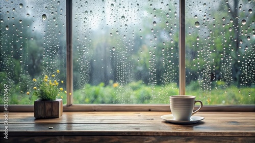 Rainy Day Serenity A Warm Mug Beside a Window with Raindrops and Blossoms