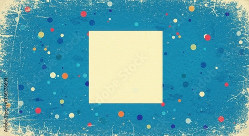Abstract blue background with white square and colorful dots
