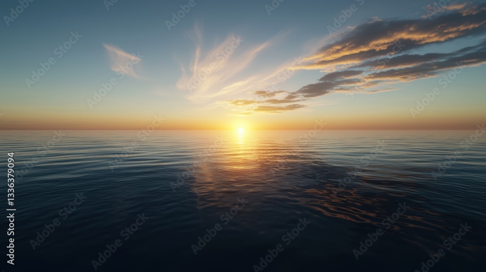 Fototapeta premium Breathtaking Golden Sunset Illuminates Vast Tranquil Ocean Under a Clear Sky
