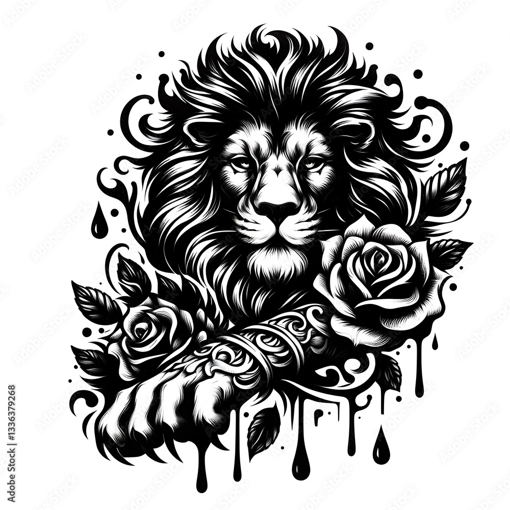 Black tattoo on a white background with the image of a lion, tattoo Black tattoo on a white background with the image of a lion, tattoo