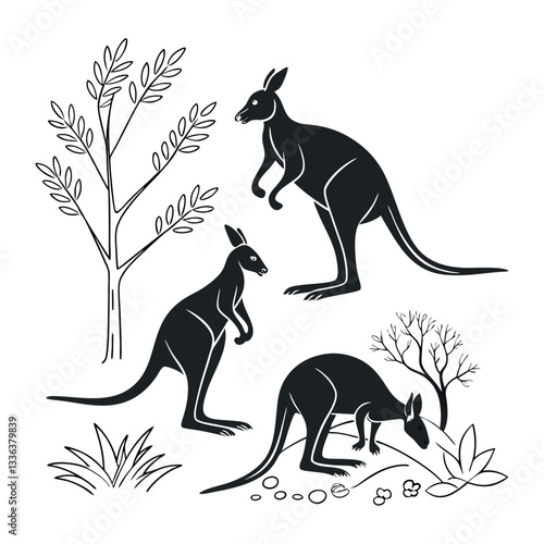 Black Silhouette Kangaroos with Minimalist Outback Flora Vector Illustration