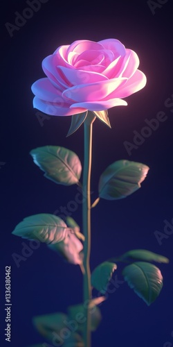 Beautiful pastel pink rose with vibrant green leaves glowing softly against a dark background, perfect for floral themes