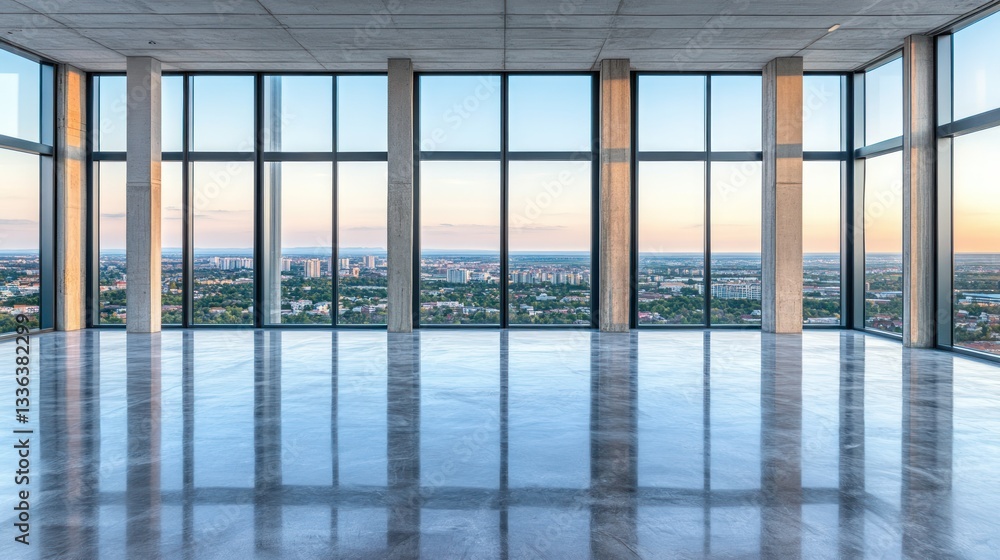 A Modern Empty Room Showing Panoramic City View Through Glass A Modern Empty Room Showing Panoramic City View Through Glass