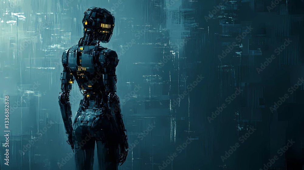Fototapeta premium A cybernetic female with biomechanical implants and digital enhancements, representing advanced robotics and transhumanism in a futuristic comic book illustration style.