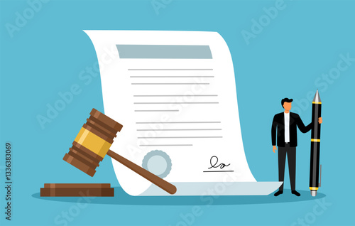 Legal document, attorney or court professional office, law and judgment approval paper concept, mature lawyer holding legal document with a gavel hammer symbol of court or judgement.