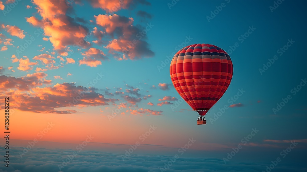 Fototapeta premium Hot Air Balloon Sunset Sky Colorful Adventure Flying Travel Scenic Peaceful Dramatic Journey