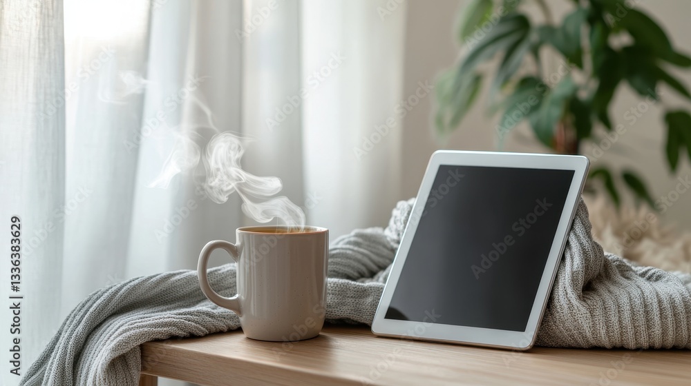 Fototapeta premium Cozy Scandinavian Workspace with Soft Textiles and a Warm Beverage on a Wooden Table