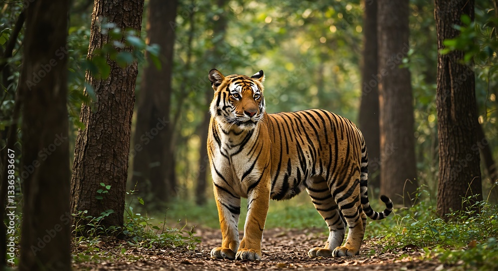 Obraz premium Majestic Bengal Tiger in Lush Forest. Generative Ai