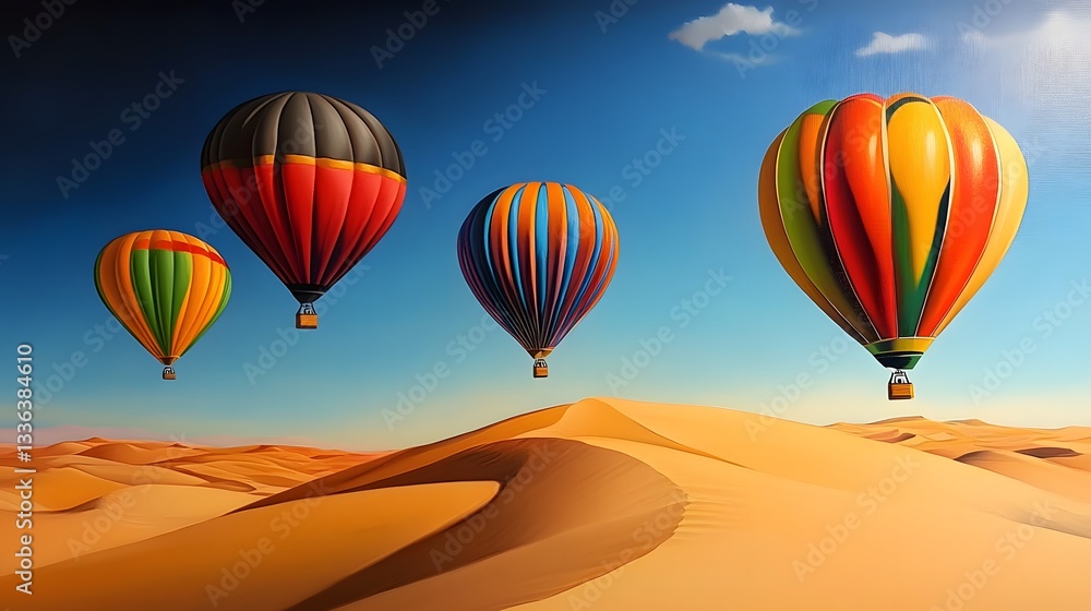 Fototapeta premium Colorful Hot Air Balloons Soaring Over Desert Dunes Scenic Landscape