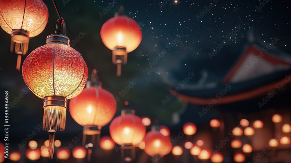Vibrant Lanterns Illuminate Traditional Asian Festival in a Charming Village Setting Vibrant Lanterns Illuminate Traditional Asian Festival in a Charming Village Setting