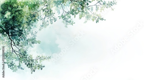 Elegant Watercolor Botanical Tree Border with Soft Green Leaves and Serene White Background