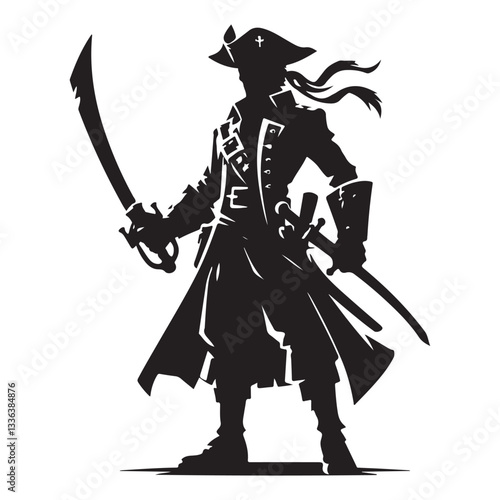 Bold Pirate Captain Silhouette Illustration with Swords and Character