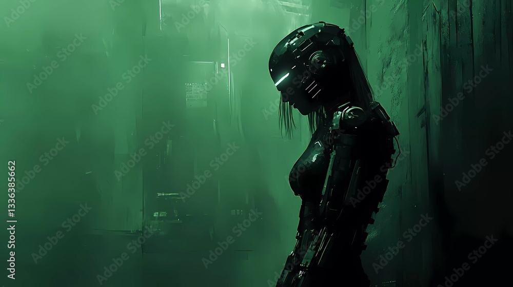 A glowing cybernetic woman with a mechanical face and synthetic skin, embodying the next stage of evolution in a digital book illustration style. A glowing cybernetic woman with a mechanical face and synthetic skin, embodying the next stage of evolution in a digital book illustration style.