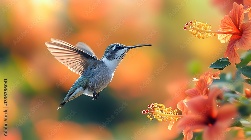Naklejka premium Hummingbird in flight near vibrant orange flowers